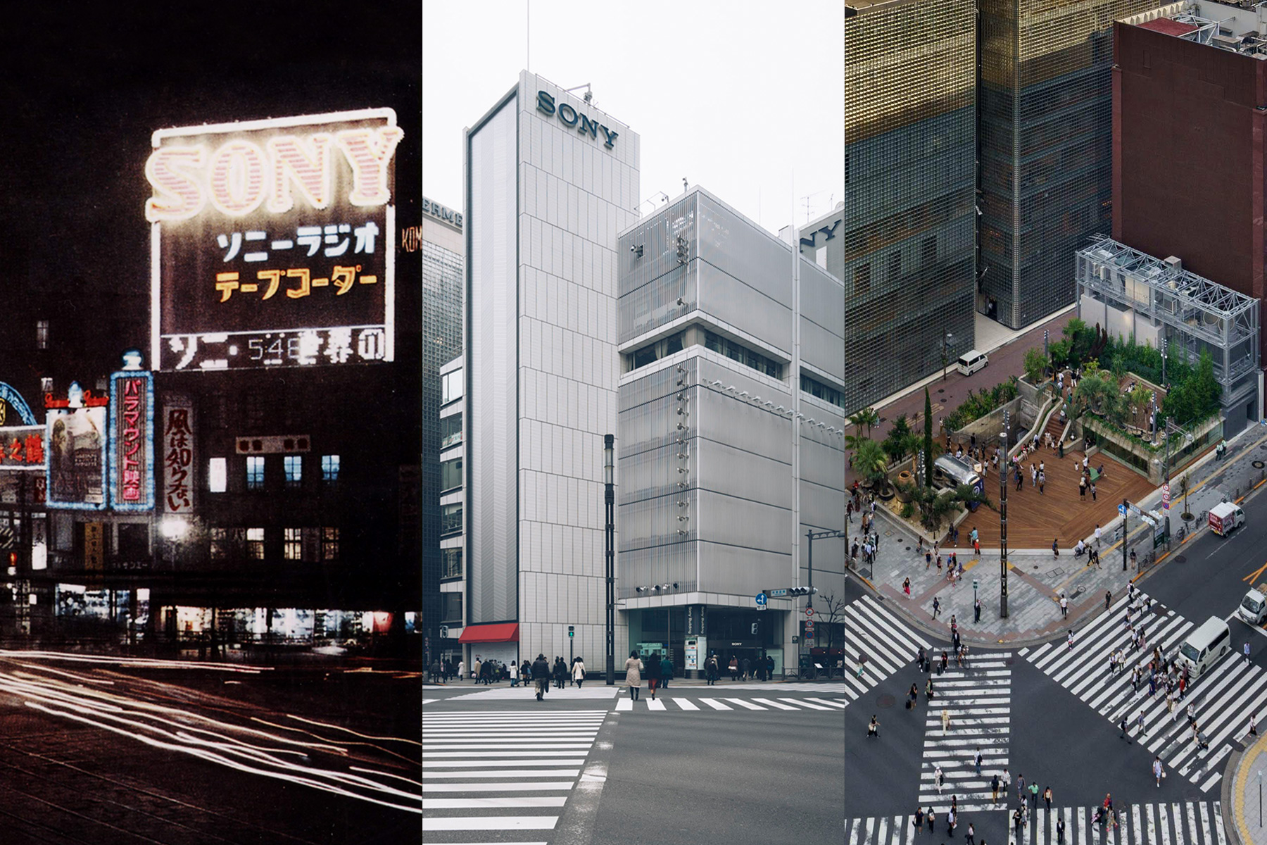 Sony’s “electric advertising signboard” in 1958 and the Sukiyabashi intersection (left),Exterior view of the Sony Building (middle),Bird’s eye view of the Ginza Sony Park(right)