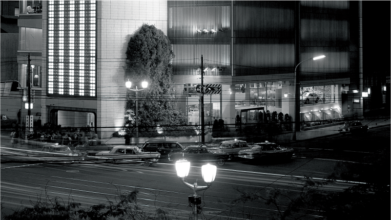 Bird's eye view of the Sony Building at night around when the company was founded