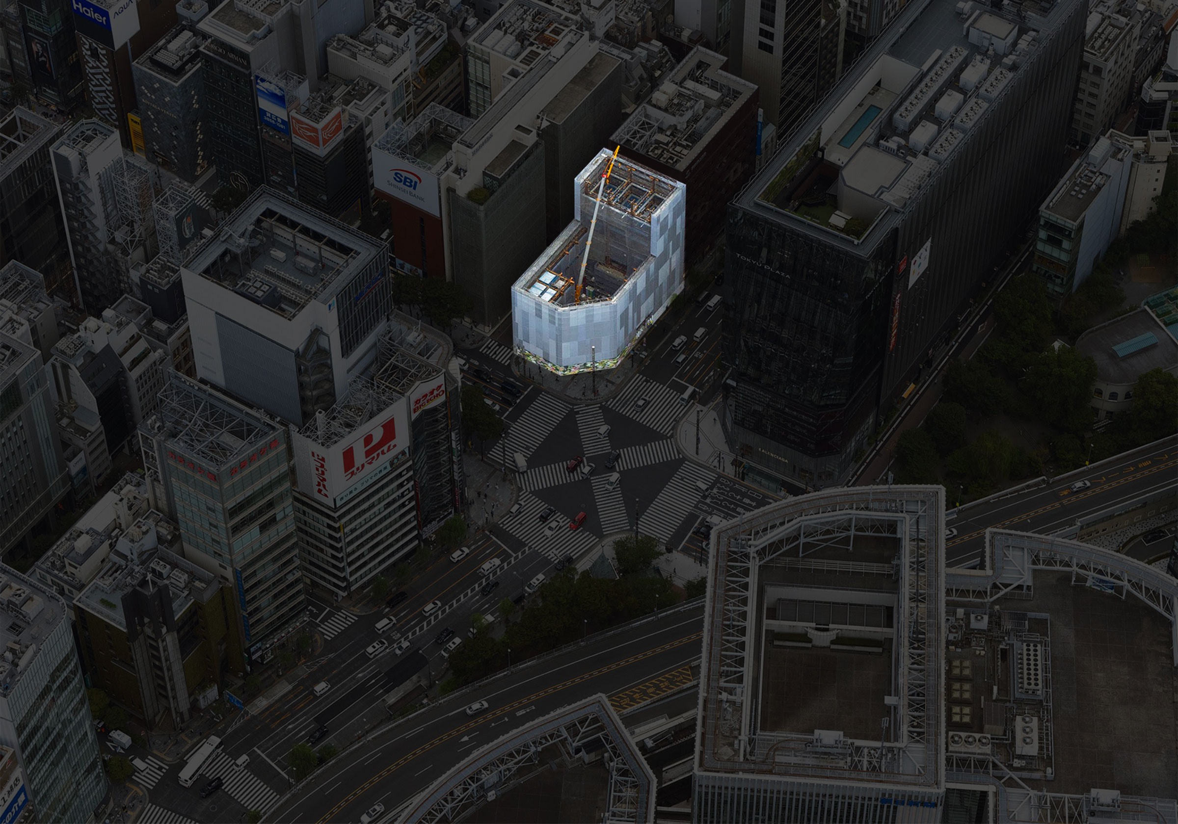 A photograph taken from overhead showing Ginza Sony Park under construction.