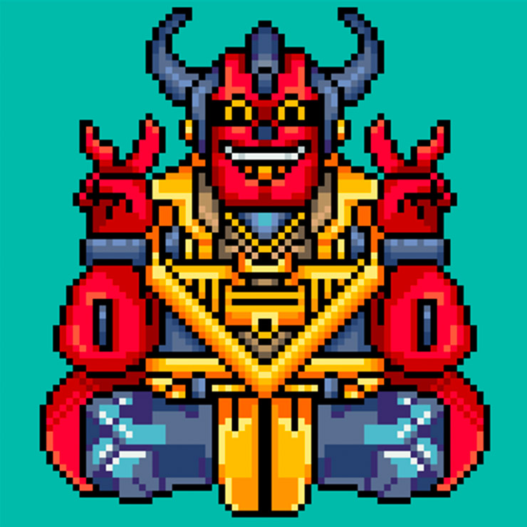 Kazuki Takakura’s profile image. Pixel art of a red demon with two horns, dressed in gold armor, sitting cross-legged and making a peace sign with both hands.