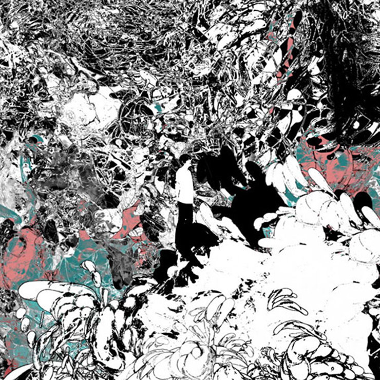 平岡政展のプロフィール画像。モノクロで描かれた無数の線と植物のようなモチーフの合間にピンクとグリーンの背景が入り混じり、横を向いた人物が中央に佇んでいる