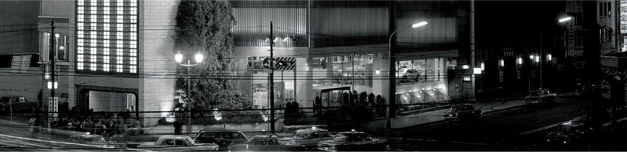 Bird's eye view of the Sony Building at night around when the company was founded
