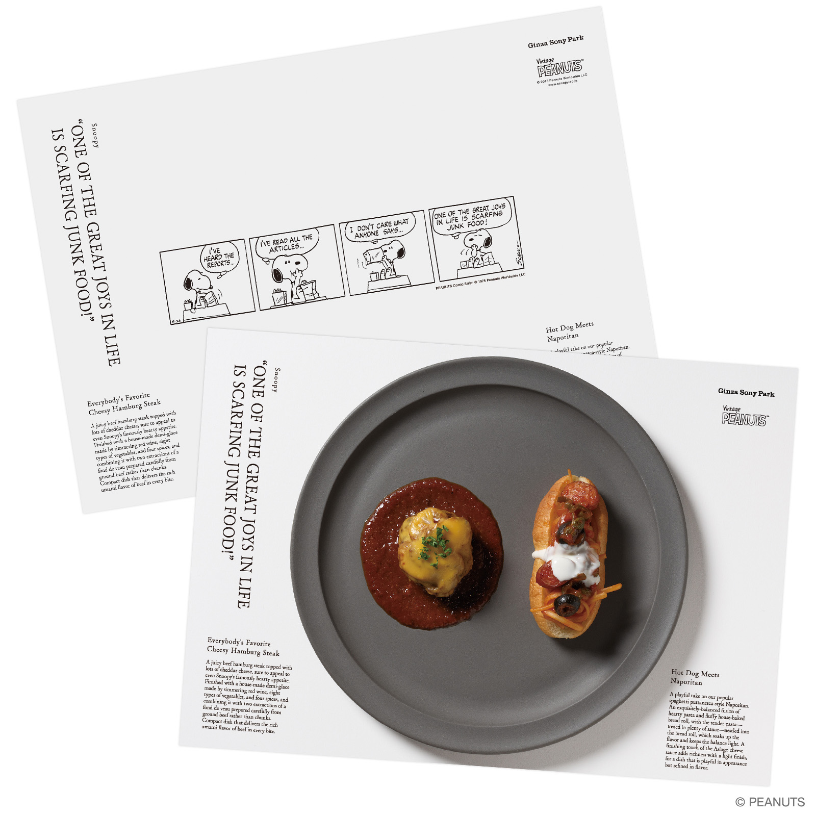 Photos of the Snoopy collaboration menu dishes and a placemat. © PEANUTS