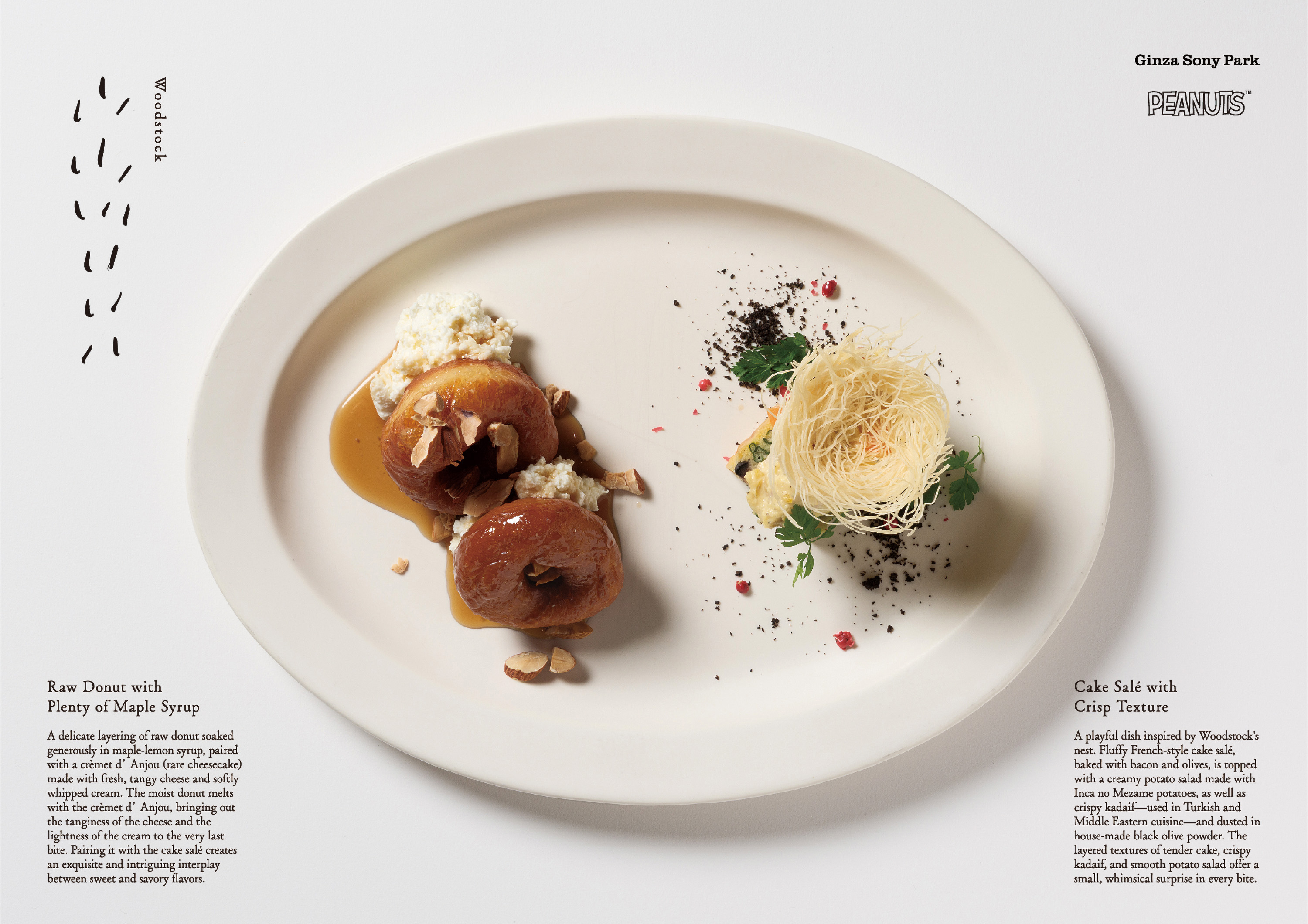 Photos of the Woodstock collaboration menu dishes. The donut and cake salé are plated.