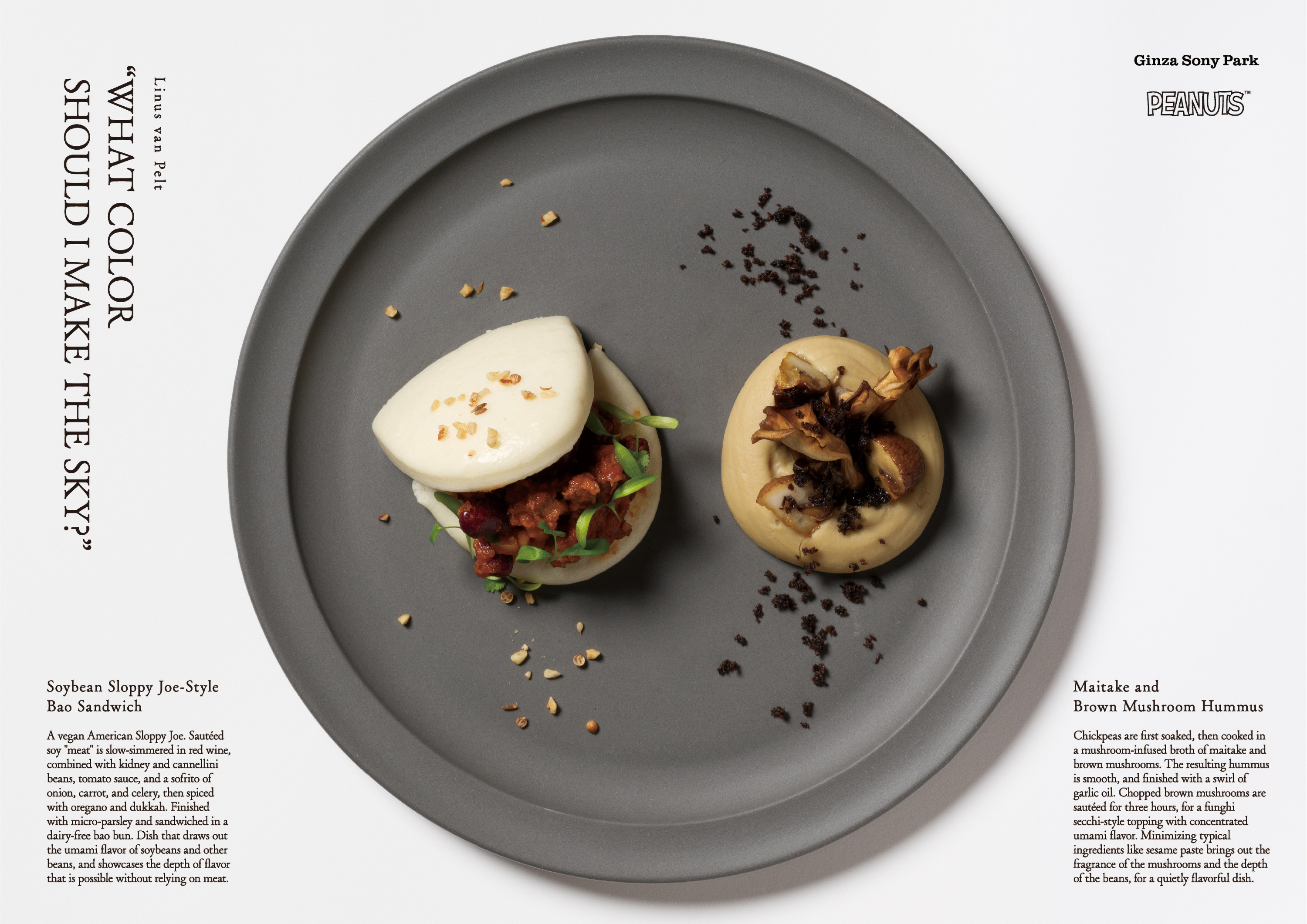 Photos of the Linus collaboration menu dishes. The bao sandwich and hummus are plated.