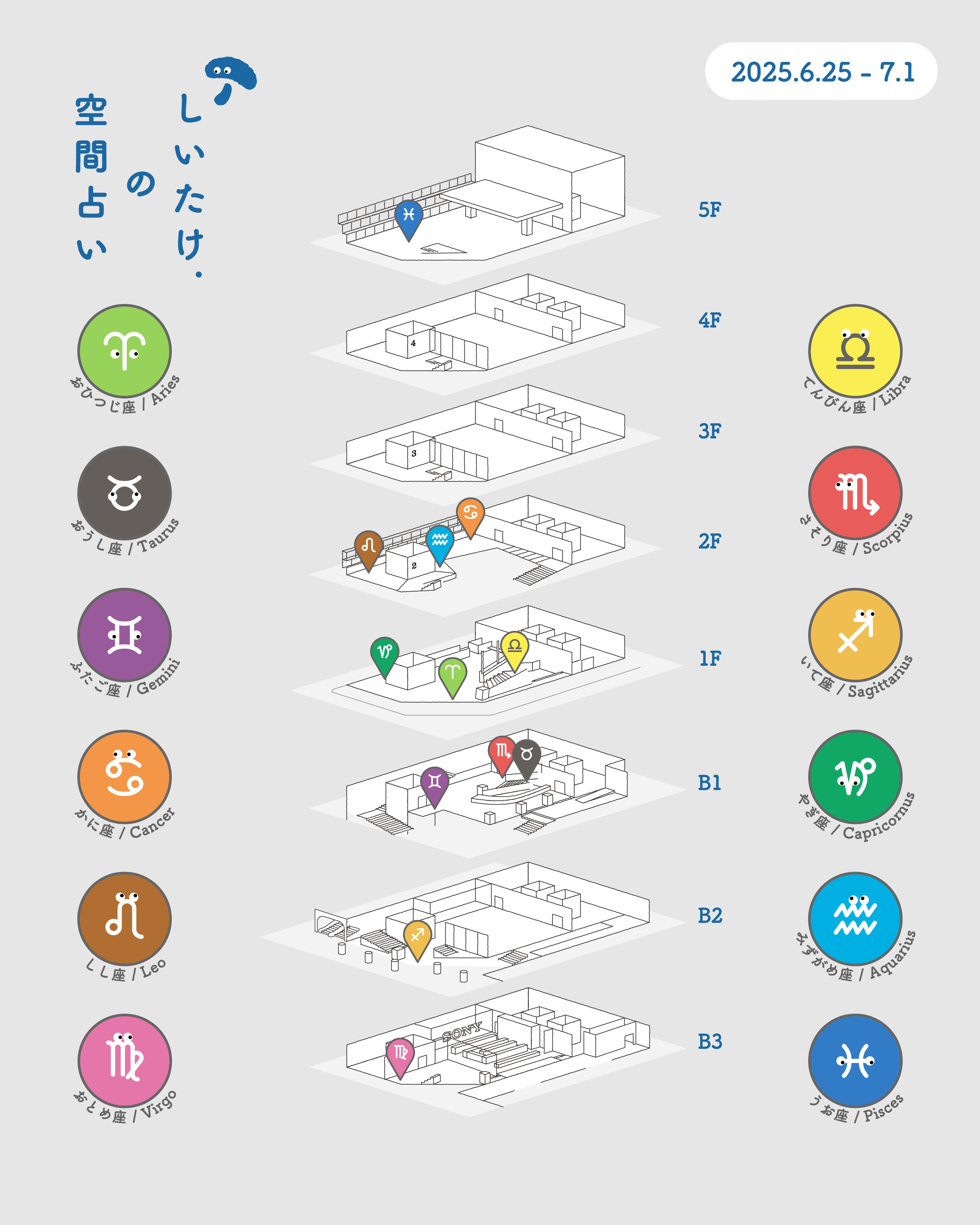 今週の「しいたけ.の空間占い」のマップ。Ginza Sony Parkのフロアマップ上に12星座のピンアイコンが配置されている。