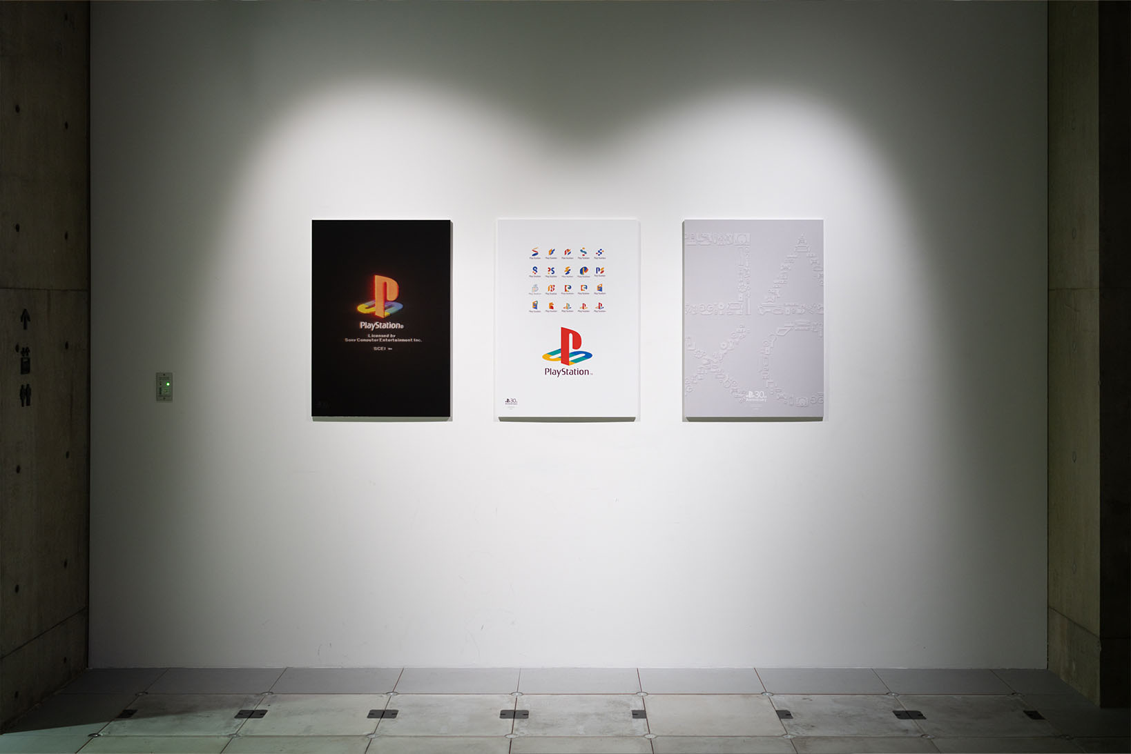 Photo of the 3F poster exhibition, featuring 3 of the 'PlayStation Limited Posters' included in the 'PlayStation 30th Anniversary Collection'.