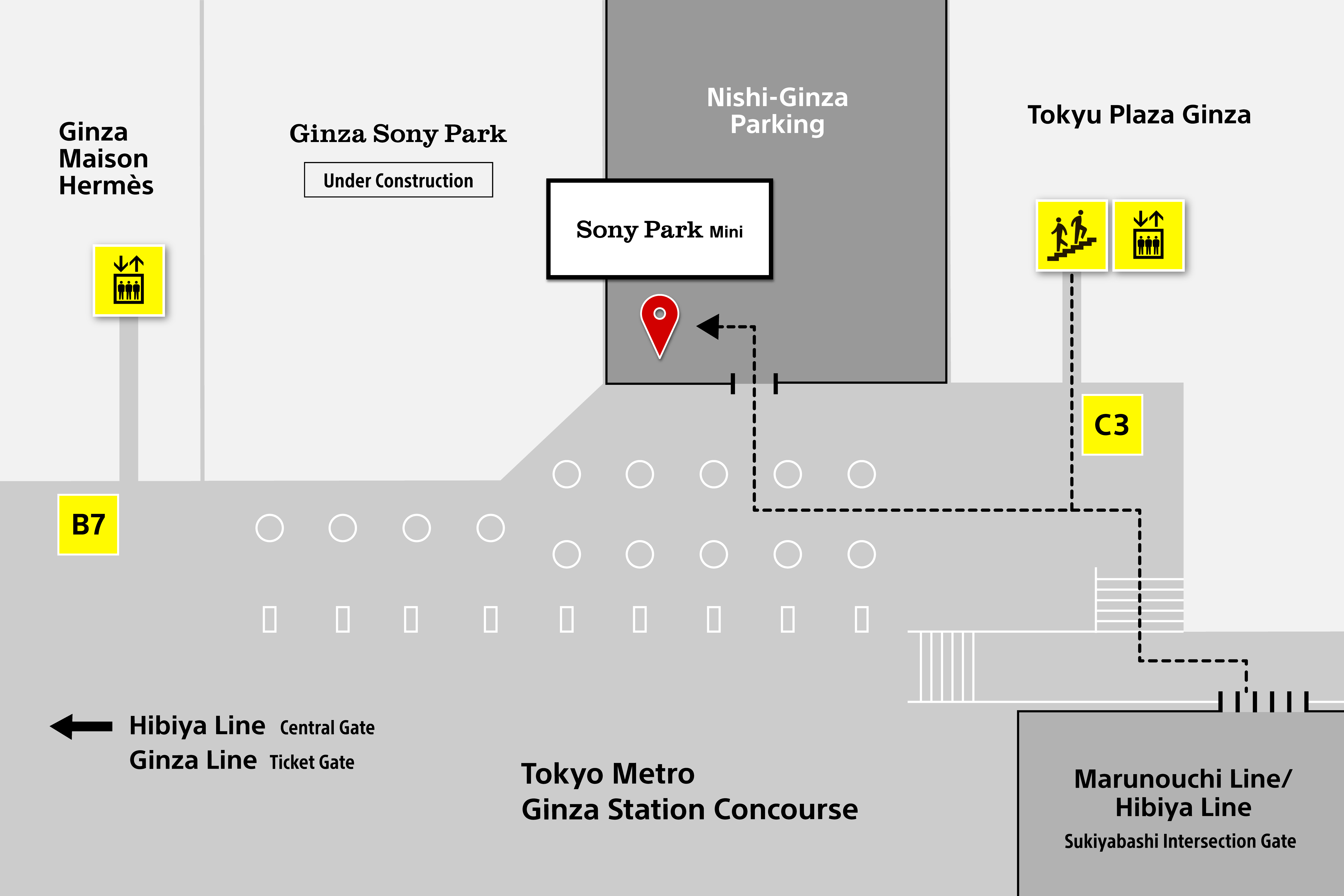 Location of Sony Park Mini and Ginza Station Exit