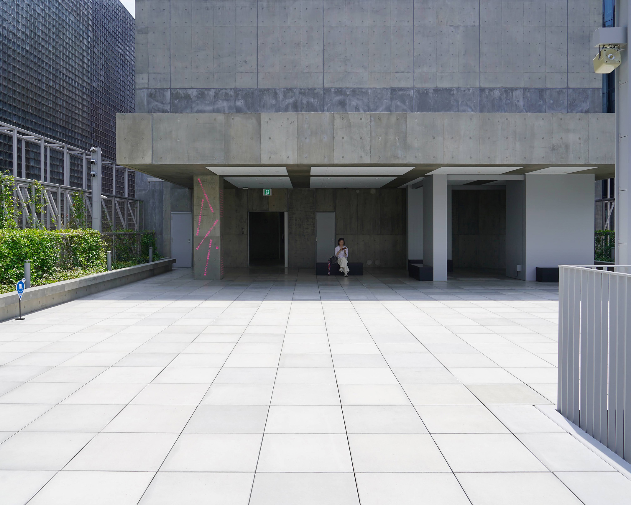 屋上の広々とした空間。コンクリートの壁際に座る人の姿と、緑の植栽が並ぶ。